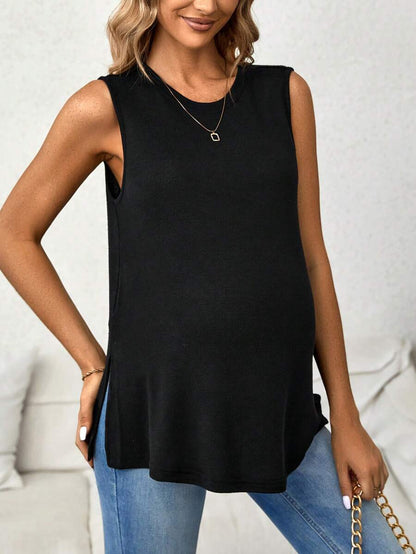 Maternity Tank Top - Black Round Neck Casual Split Hem Knit Sleeveless Longline, Pregnancy