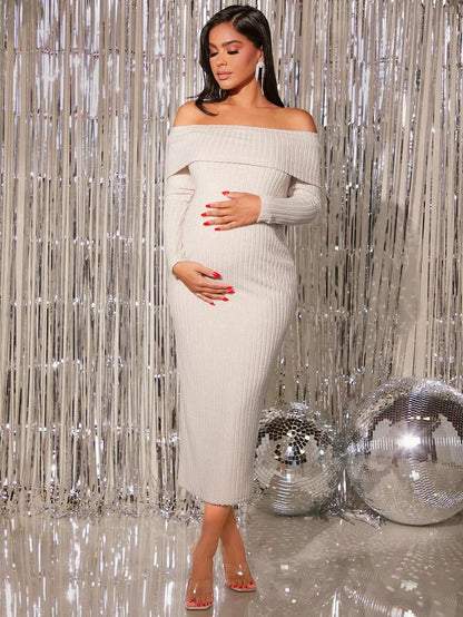 Maternity Off Shoulder Bodycon Dress - Foldover Front, Long Sleeve, Beige, Formal