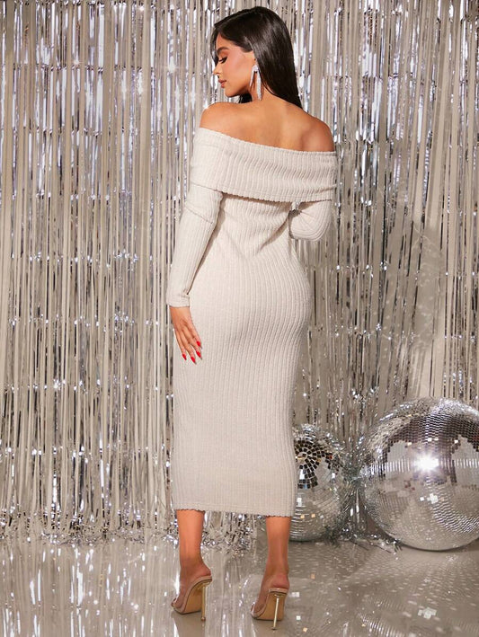 Maternity Off Shoulder Bodycon Dress - Foldover Front, Long Sleeve, Beige, Formal