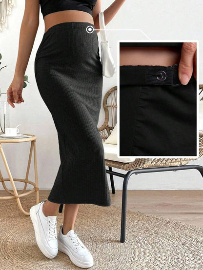 High Waist Ribbed Knit Pencil Skirt with Back Split Plain Casual Skinny Long Skirt for Daily Wear and Minimalist Style