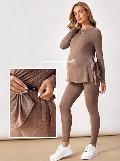 Maternity Mocha Brown Knot Side Long Sleeve Tee and Adjustable Waist Leggings 2 Piece Set Casual Pregnancy Loungewear
