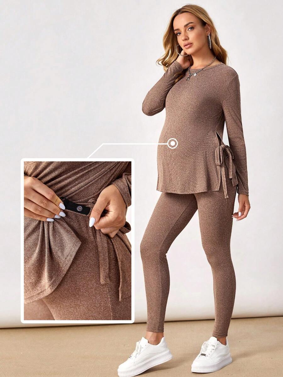 Maternity Mocha Brown Knot Side Long Sleeve Tee and Adjustable Waist Leggings 2 Piece Set Casual Pregnancy Loungewear