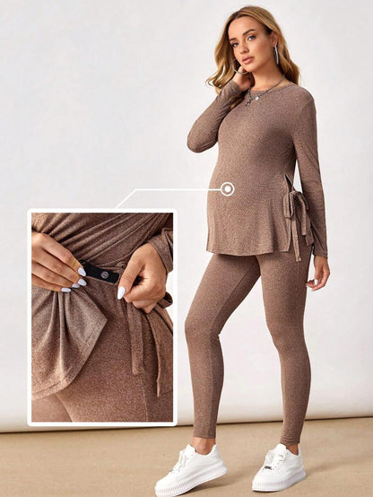Maternity Mocha Brown Knot Side Long Sleeve Tee and Adjustable Waist Leggings 2 Piece Set Casual Pregnancy Loungewear