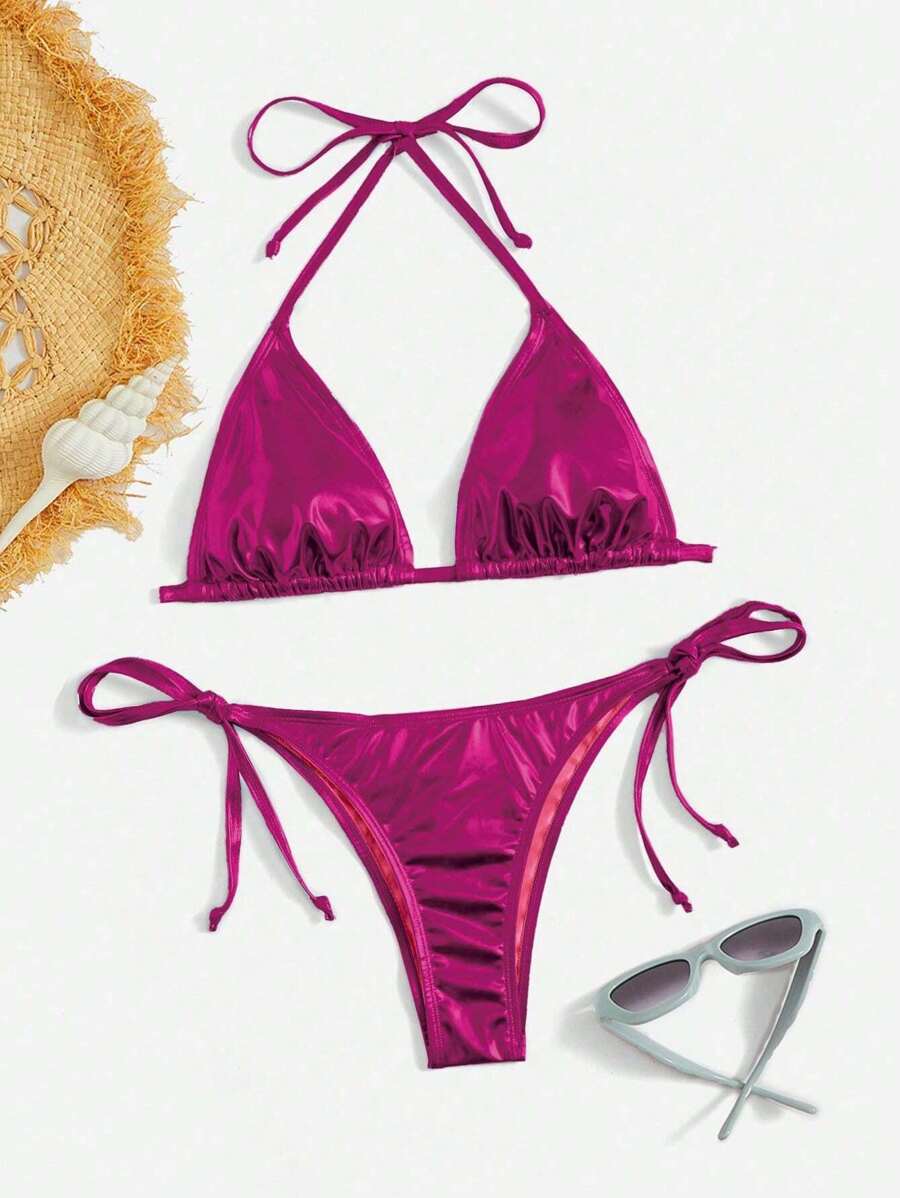 Swim Vcay Solid Color Halter Twist Split Bikini Set For Summer Beach Vacation