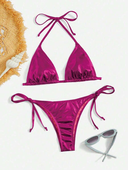 Swim Vcay Summer Beach Metallic Halter Triangle Tie Side Bikini Set