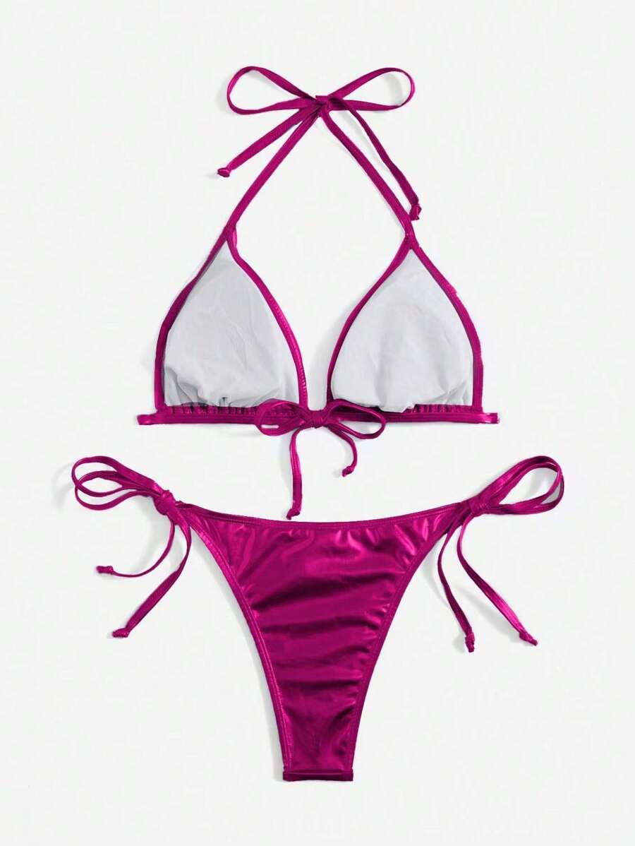 Swim Vcay Summer Beach Metallic Halter Triangle Tie Side Bikini Set