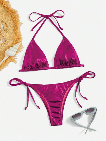 Swim Vcay Solid Color Halter Twist Split Bikini Set For Summer Beach Vacation