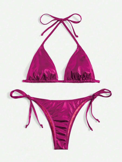 Swim Vcay Summer Beach Metallic Halter Triangle Tie Side Bikini Set
