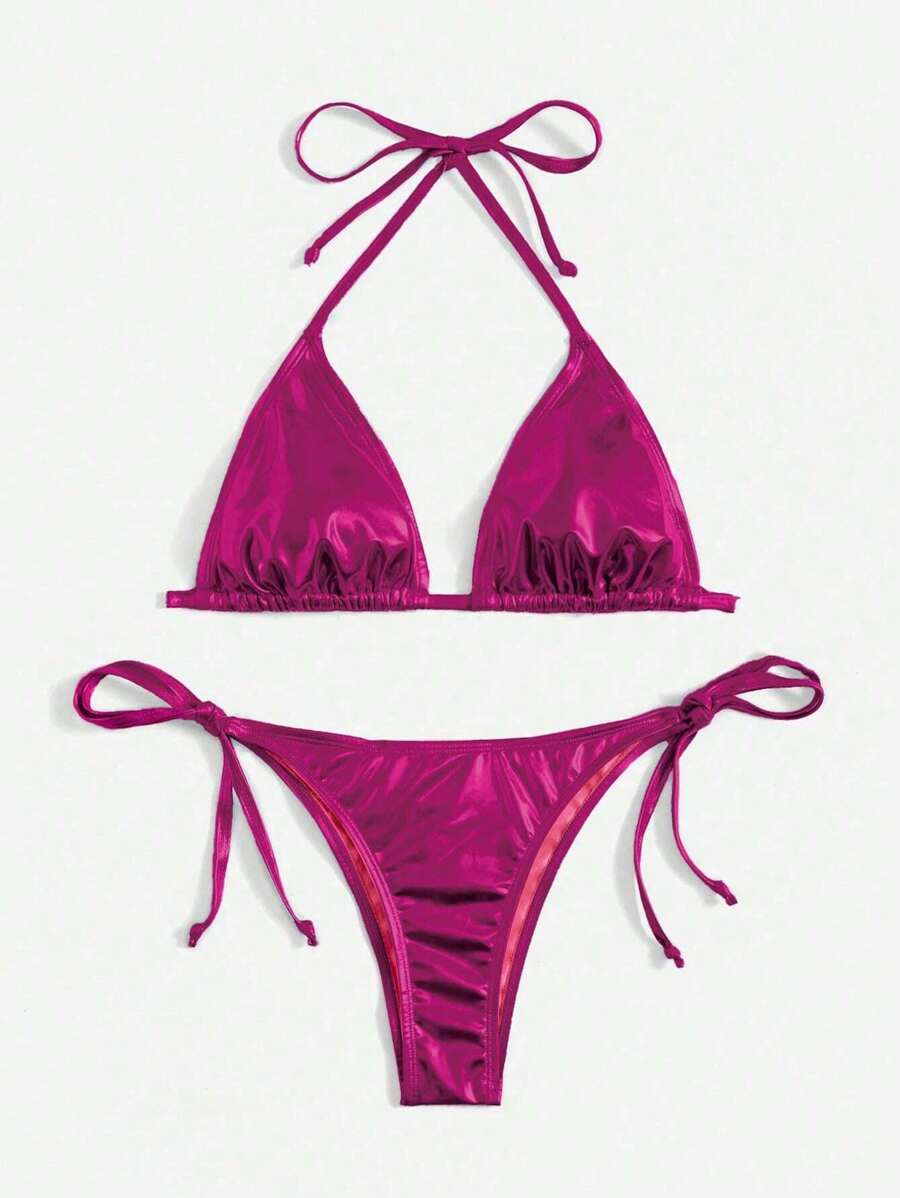 Swim Vcay Solid Color Halter Twist Split Bikini Set For Summer Beach Vacation