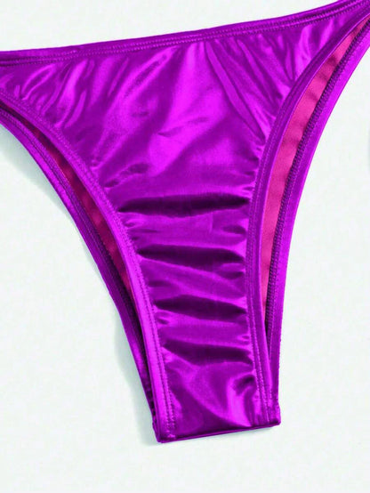 Swim Vcay Summer Beach Metallic Halter Triangle Tie Side Bikini Set