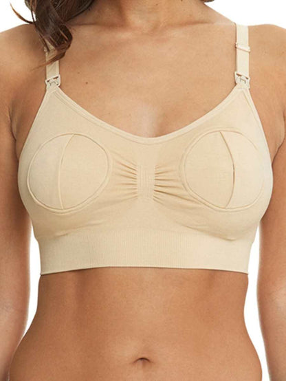 White Hands-Free Nursing Bra With Breast Pump, Front Clasp Maternity Breastfeeding Bra (Bottle Is A Prop)