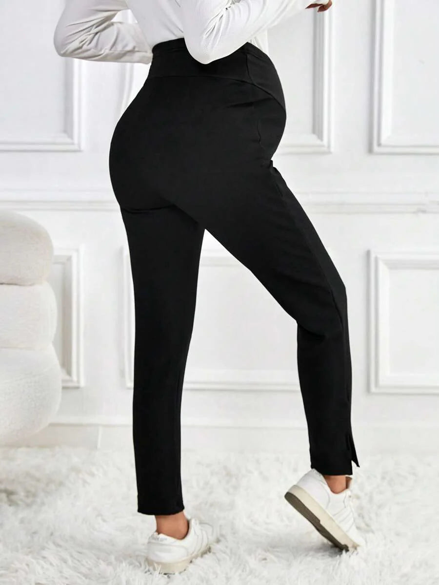 Maternity Skinny Pants - Wide Waistband, Cropped, Slant Pocket, Black