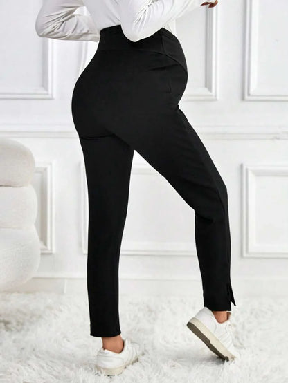 Maternity Skinny Pants - Wide Waistband, Cropped, Slant Pocket, Black