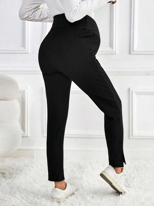 Maternity Skinny Pants - Wide Waistband, Cropped, Slant Pocket, Black