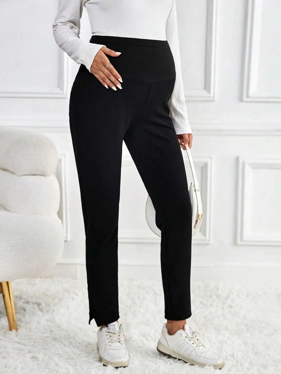 Maternity Skinny Pants - Wide Waistband, Cropped, Slant Pocket, Black