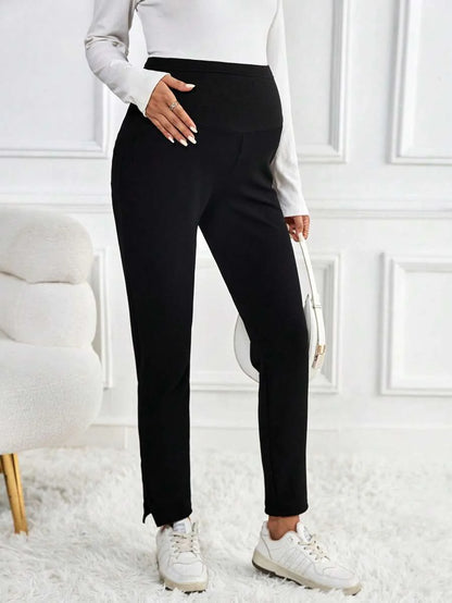 Maternity Skinny Pants - Wide Waistband, Cropped, Slant Pocket, Black