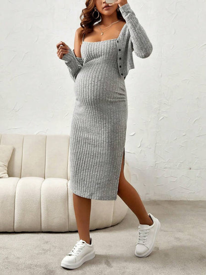 Maternity Pink Ribbed Knit 2-Piece Set with V-Neck Bodycon Knee Length Skirt and Button Front Long Sleeve Crop Cardigan