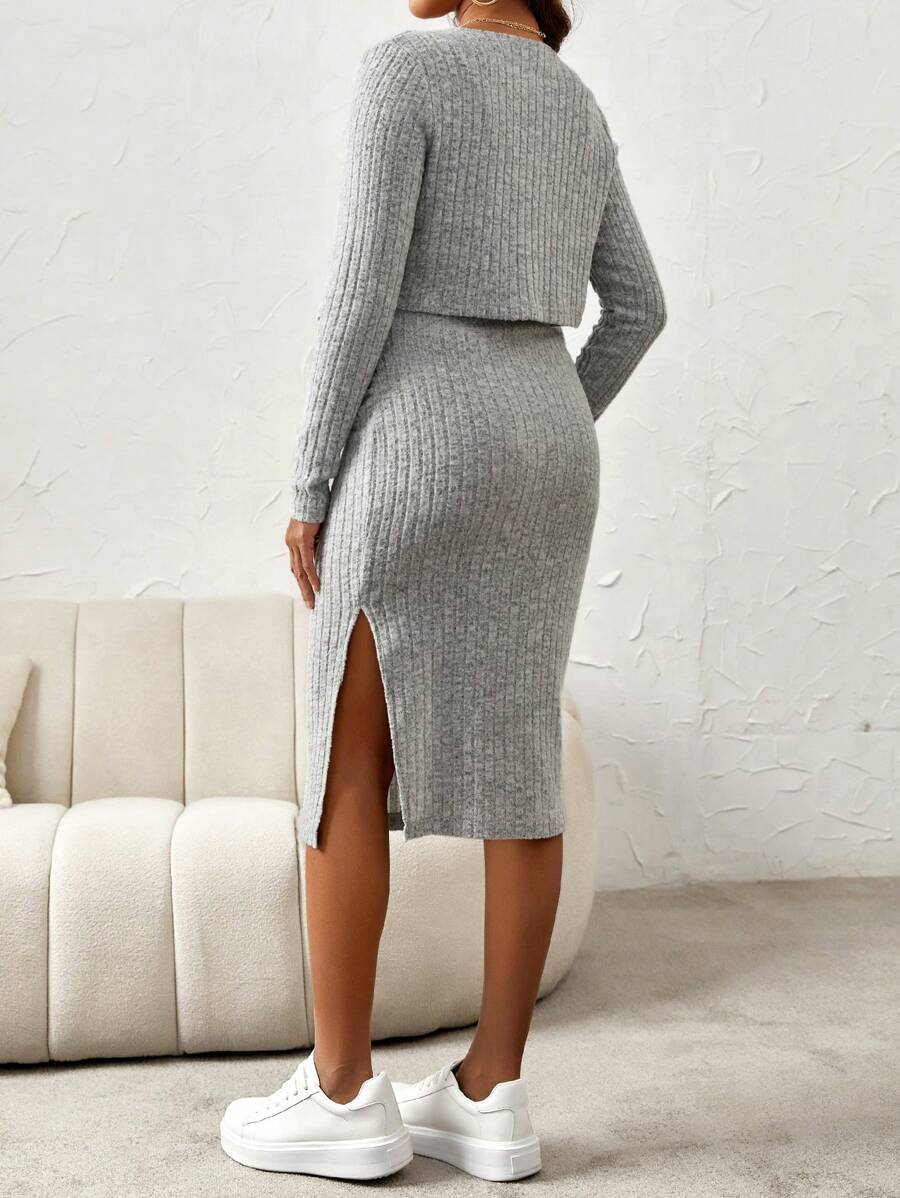 Maternity Pink Ribbed Knit 2-Piece Set with V-Neck Bodycon Knee Length Skirt and Button Front Long Sleeve Crop Cardigan