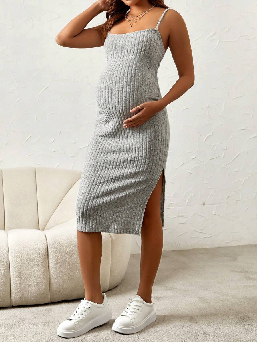 Maternity Pink Ribbed Knit 2-Piece Set with V-Neck Bodycon Knee Length Skirt and Button Front Long Sleeve Crop Cardigan