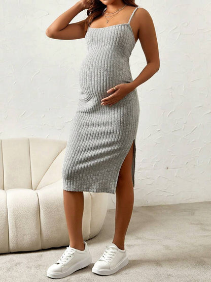 Maternity Pink Ribbed Knit 2-Piece Set with V-Neck Bodycon Knee Length Skirt and Button Front Long Sleeve Crop Cardigan