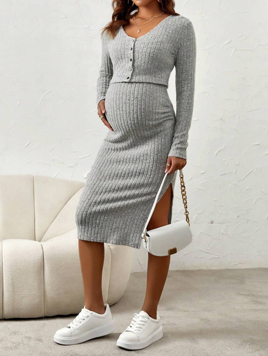 Maternity Pink Ribbed Knit 2-Piece Set with V-Neck Bodycon Knee Length Skirt and Button Front Long Sleeve Crop Cardigan