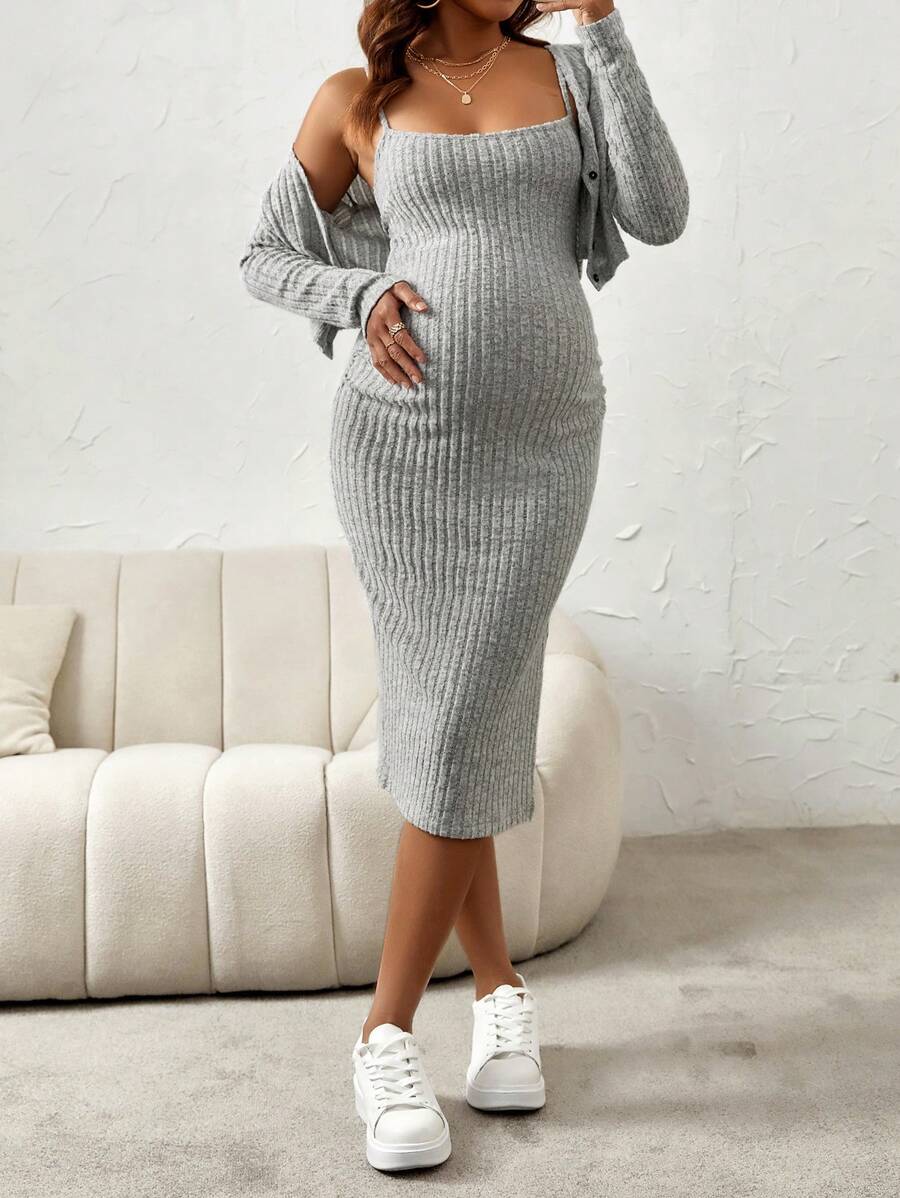Maternity Pink Ribbed Knit 2-Piece Set with V-Neck Bodycon Knee Length Skirt and Button Front Long Sleeve Crop Cardigan