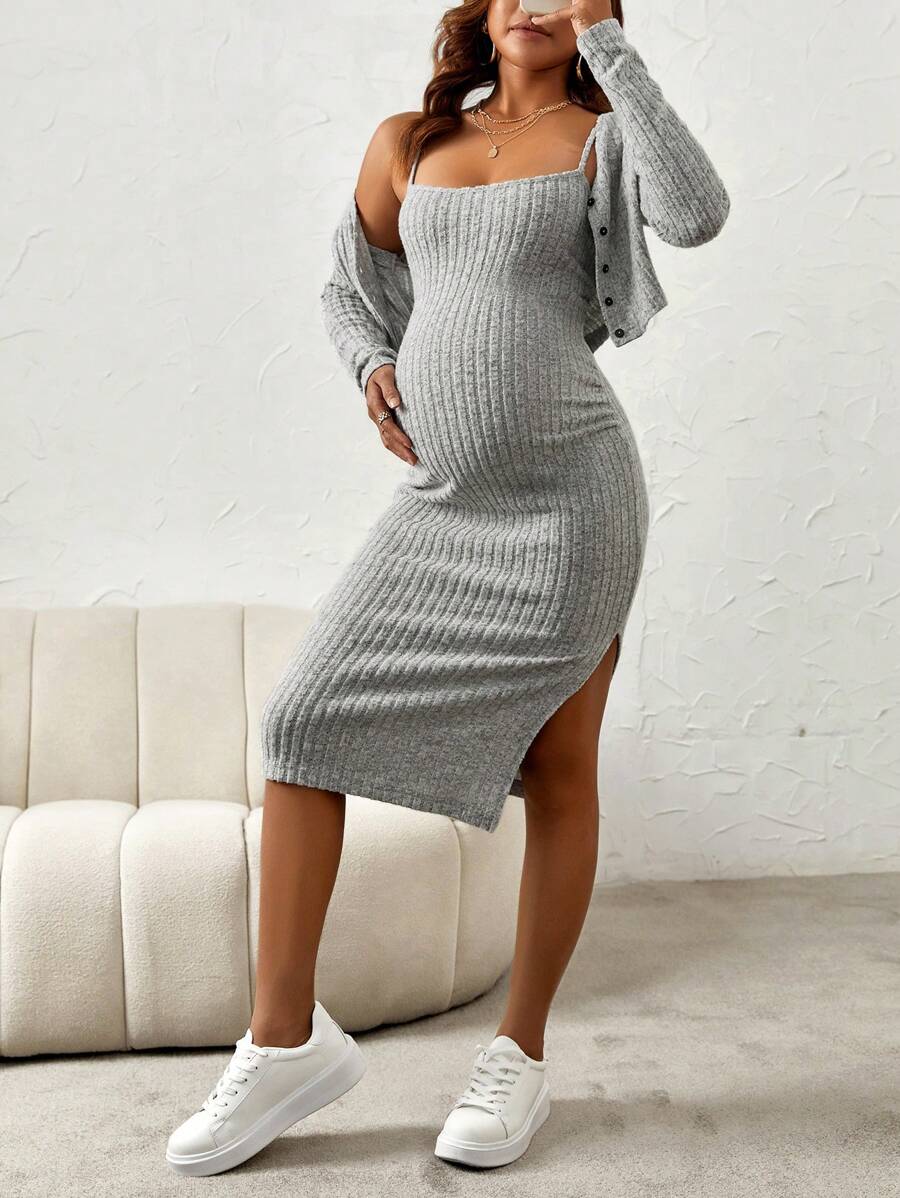 Maternity Pink Ribbed Knit 2-Piece Set with V-Neck Bodycon Knee Length Skirt and Button Front Long Sleeve Crop Cardigan
