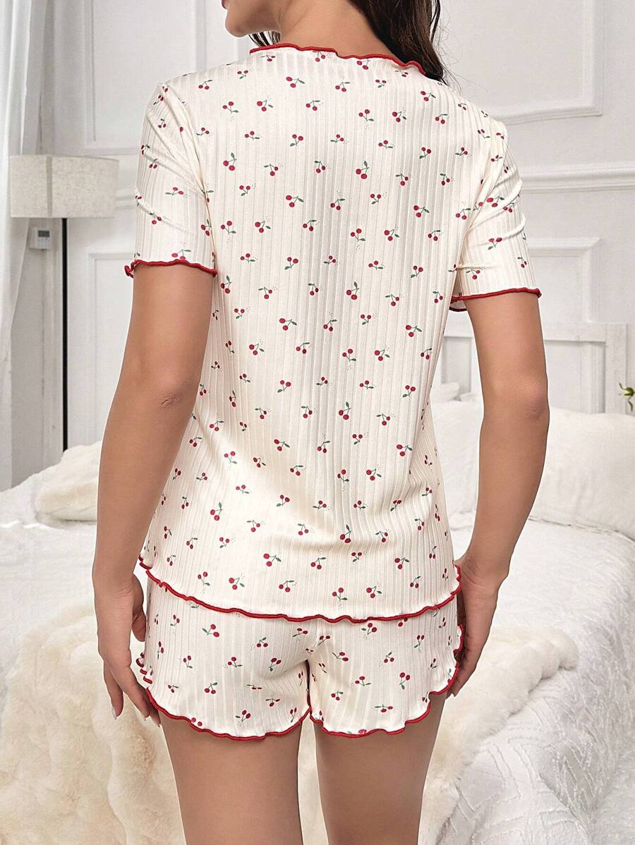 Maternity Cherry Print Pajama Set Women Lettuce Trim Nursing Tee and Shorts Sleepwear Loungewear