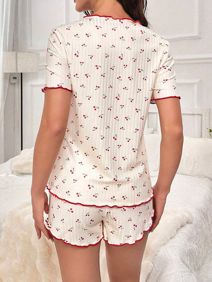 Maternity Cherry Print Pajama Set Women Lettuce Trim Nursing Tee and Shorts Sleepwear Loungewear
