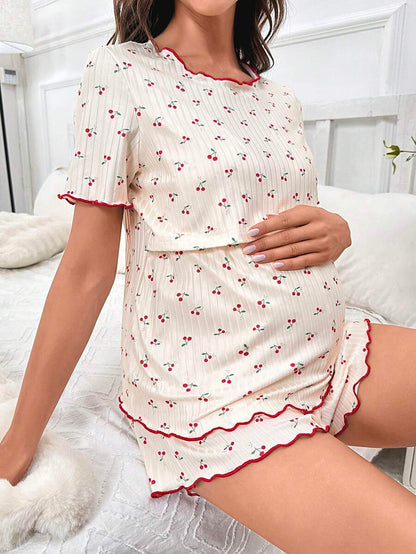 Maternity Cherry Print Pajama Set Women Lettuce Trim Nursing Tee and Shorts Sleepwear Loungewear