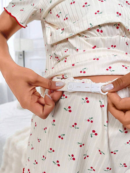Maternity Cherry Print Pajama Set Women Lettuce Trim Nursing Tee and Shorts Sleepwear Loungewear