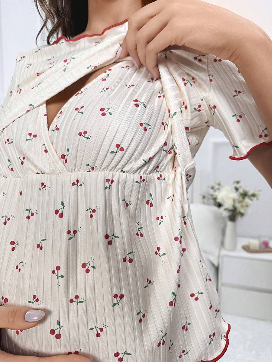Maternity Cherry Print Pajama Set Women Lettuce Trim Nursing Tee and Shorts Sleepwear Loungewear
