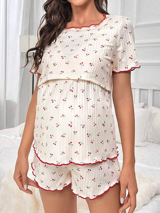 Maternity Cherry Print Pajama Set Women Lettuce Trim Nursing Tee and Shorts Sleepwear Loungewear