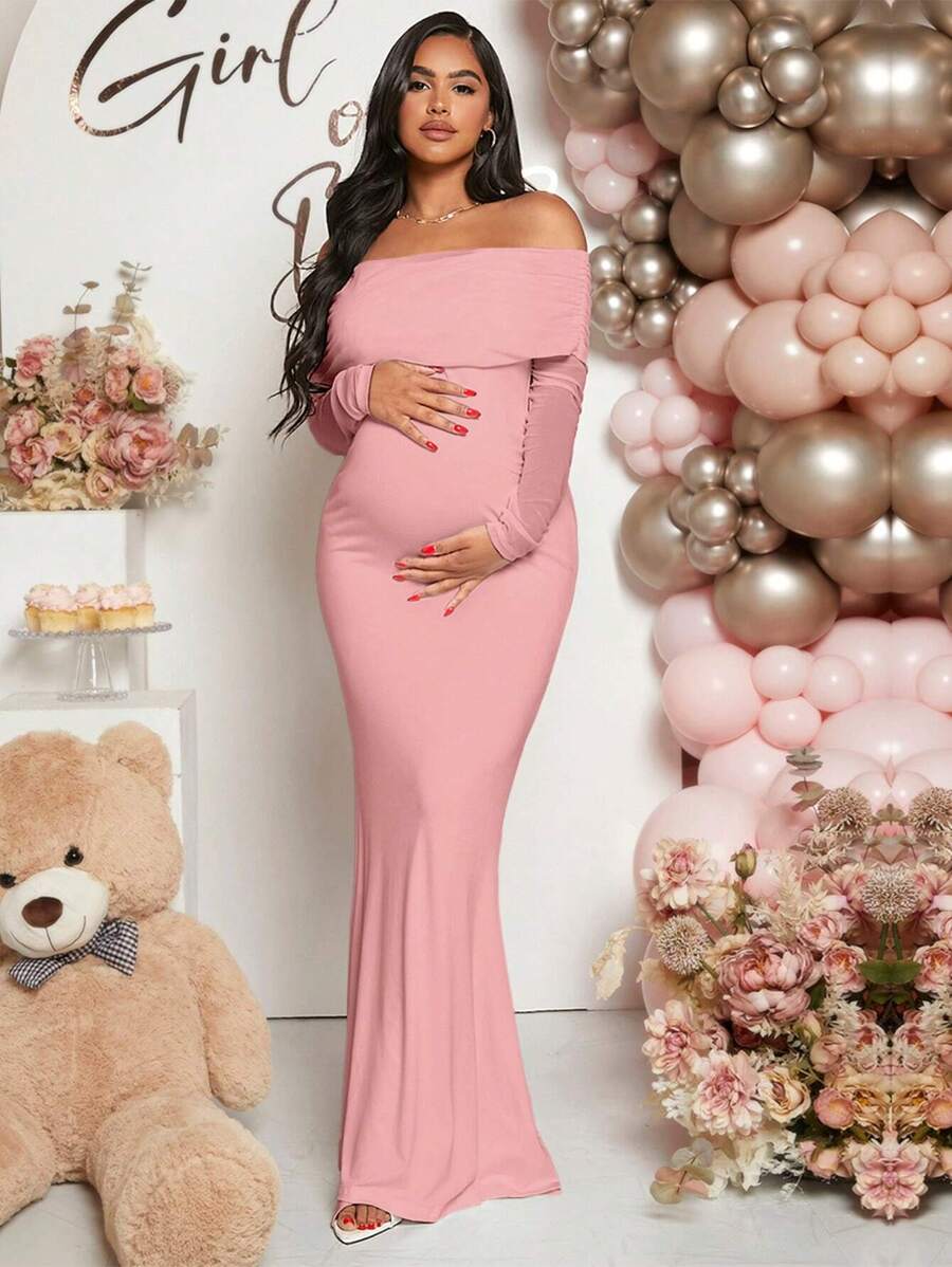 Pregnant Women Off-Shoulder Fishtail Baby Shower Long Sleeve Dress For Maternity