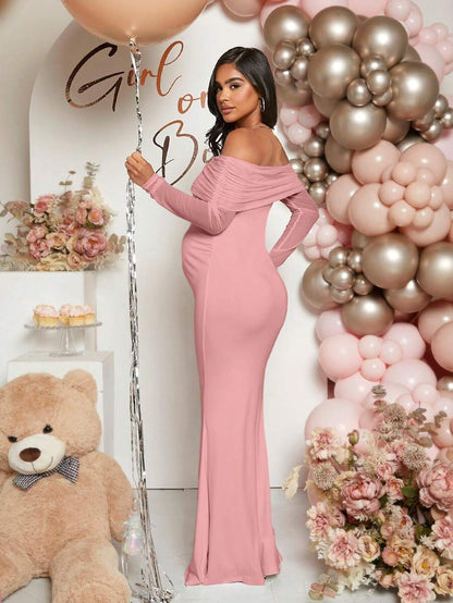 Maternity Off Shoulder Ruched Hem Dress Solid Color Slim Fit Pregnancy Gown for Baby Shower Gender Reveal Party Wedding Guest Summer