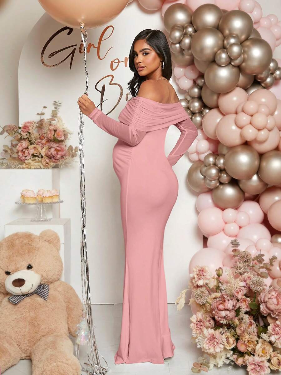 Pregnant Women Off-Shoulder Fishtail Baby Shower Long Sleeve Dress For Maternity