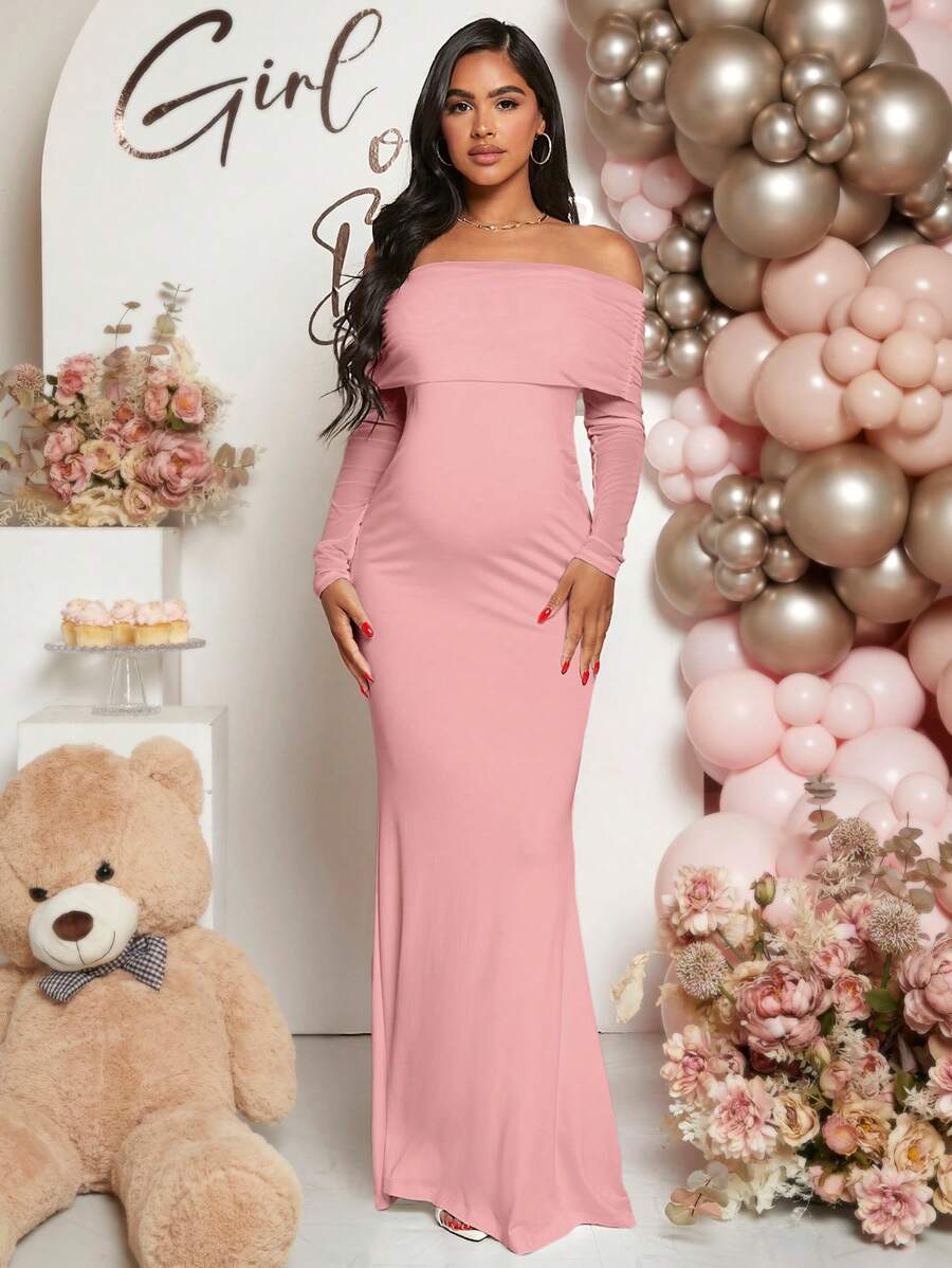Maternity Off Shoulder Ruched Hem Dress Solid Color Slim Fit Pregnancy Gown for Baby Shower Gender Reveal Party Wedding Guest Summer