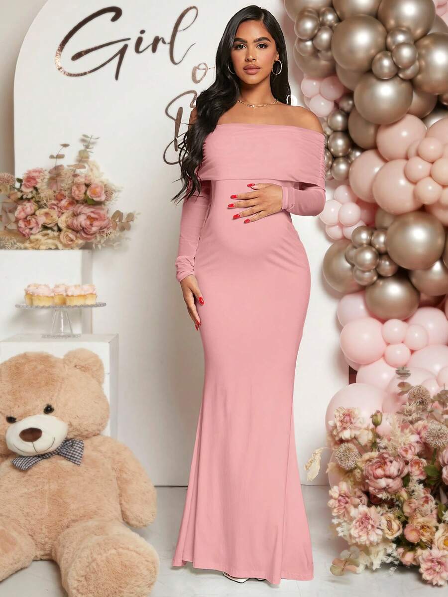 Pregnant Women Off-Shoulder Fishtail Baby Shower Long Sleeve Dress For Maternity