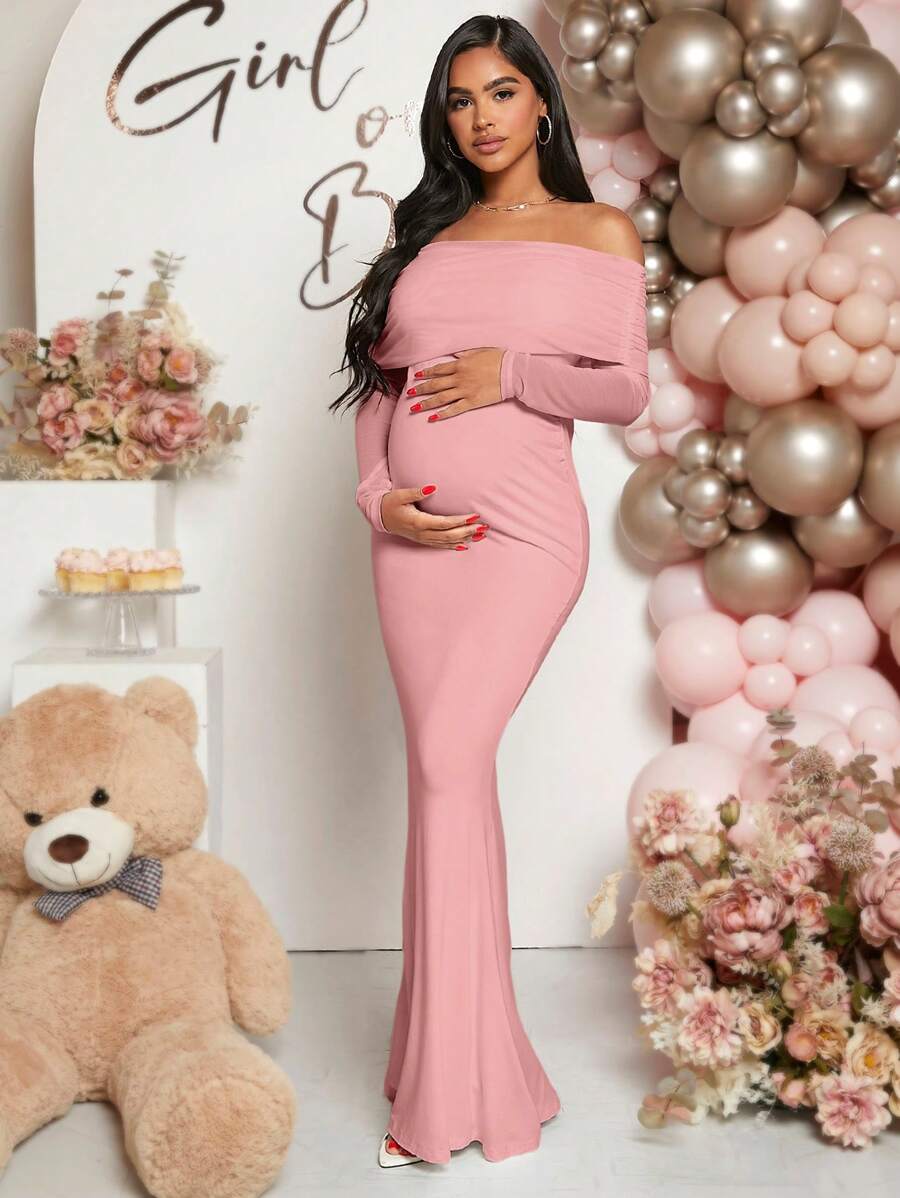 Maternity Off Shoulder Ruched Hem Dress Solid Color Slim Fit Pregnancy Gown for Baby Shower Gender Reveal Party Wedding Guest Summer