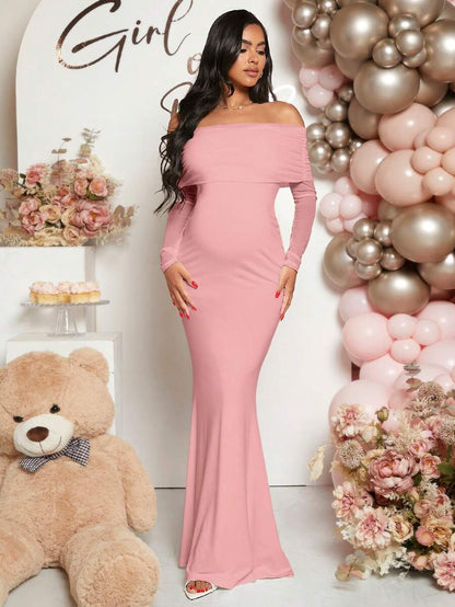 Maternity Off Shoulder Ruched Hem Dress Solid Color Slim Fit Pregnancy Gown for Baby Shower Gender Reveal Party Wedding Guest Summer