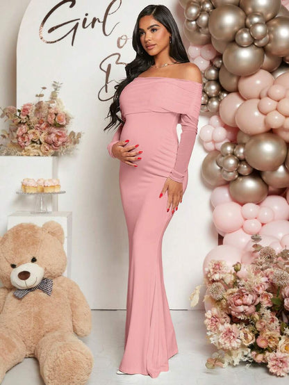Maternity Off Shoulder Ruched Hem Dress Solid Color Slim Fit Pregnancy Gown for Baby Shower Gender Reveal Party Wedding Guest Summer