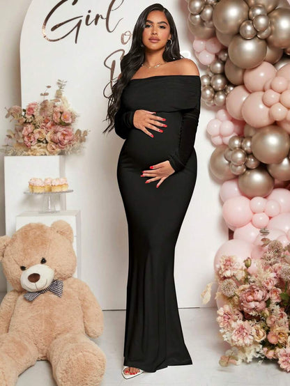 Pregnant Women Off-Shoulder Fishtail Baby Shower Long Sleeve Dress For Maternity