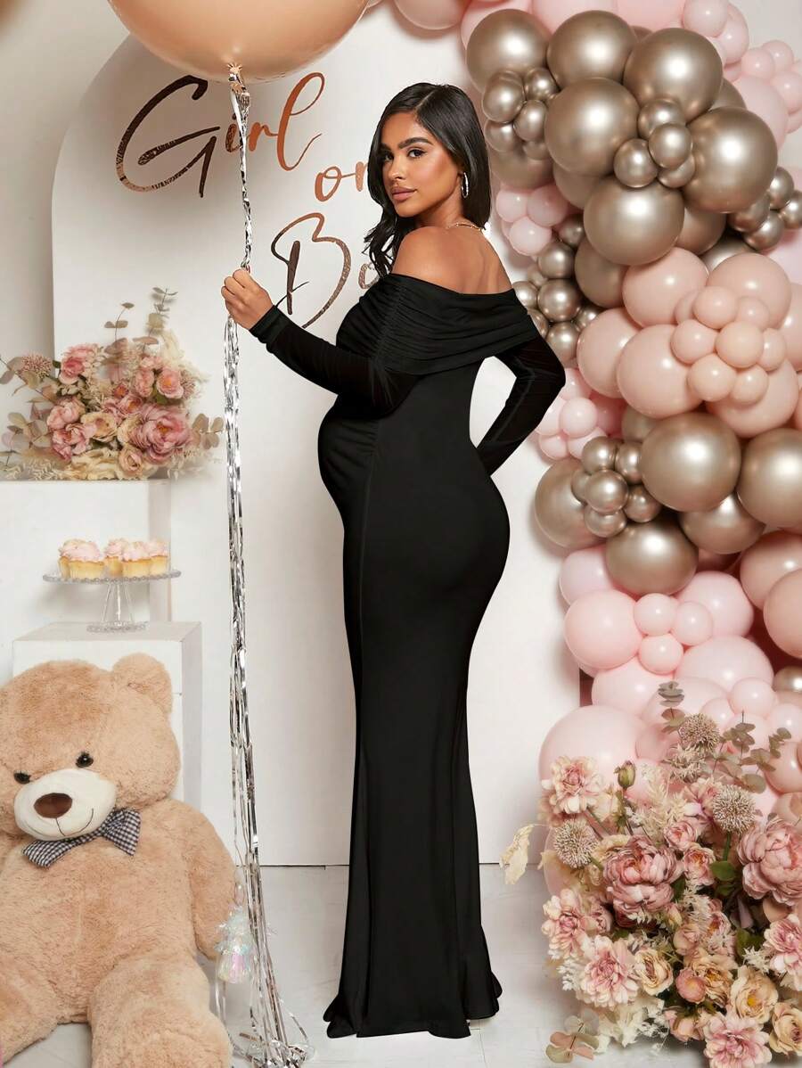 Pregnant Women Off-Shoulder Fishtail Baby Shower Long Sleeve Dress For Maternity