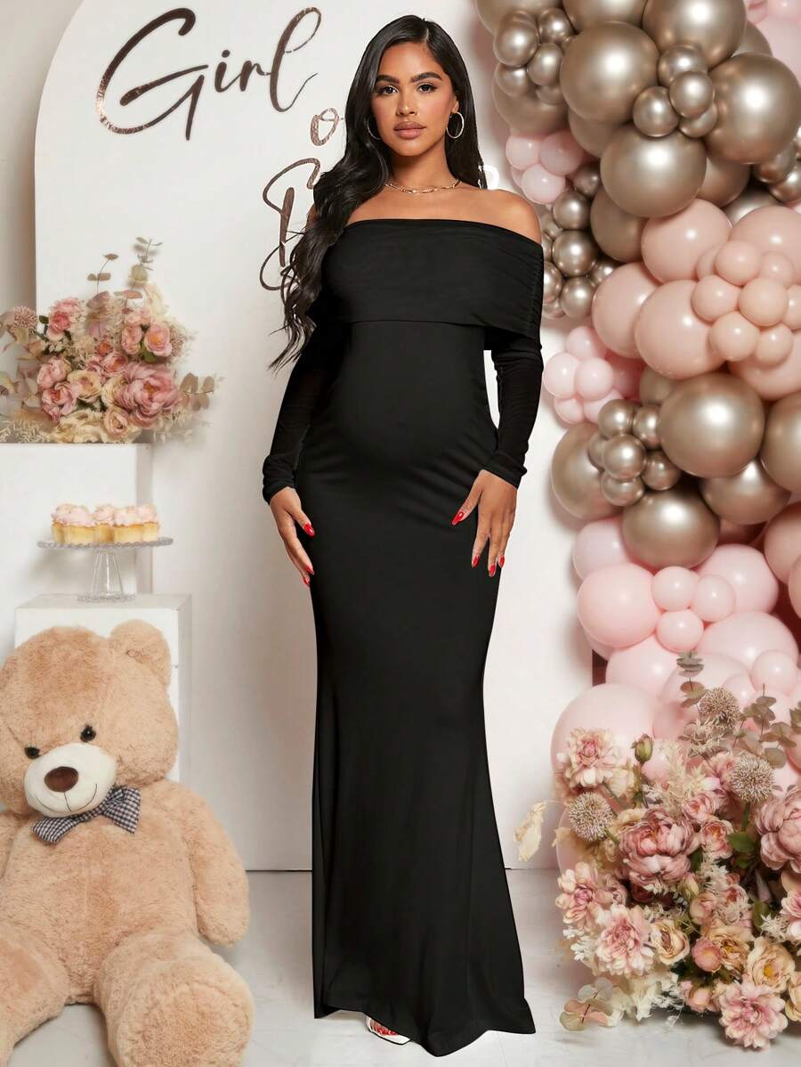 Maternity Off Shoulder Ruched Hem Dress Solid Color Slim Fit Pregnancy Gown for Baby Shower Gender Reveal Party Wedding Guest Summer