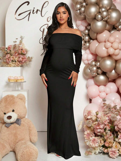 Maternity Off Shoulder Ruched Hem Dress Solid Color Slim Fit Pregnancy Gown for Baby Shower Gender Reveal Party Wedding Guest Summer