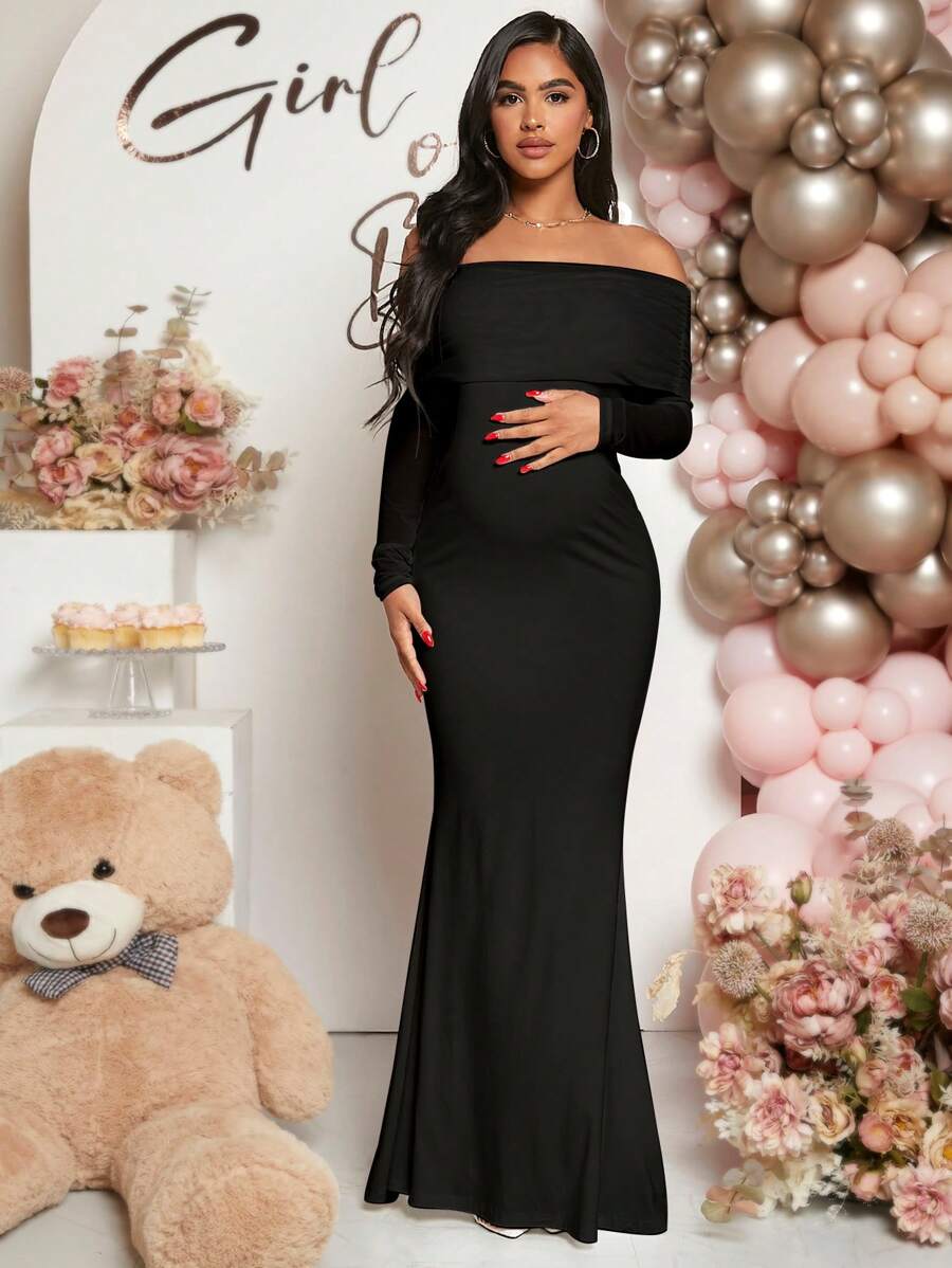 Pregnant Women Off-Shoulder Fishtail Baby Shower Long Sleeve Dress For Maternity
