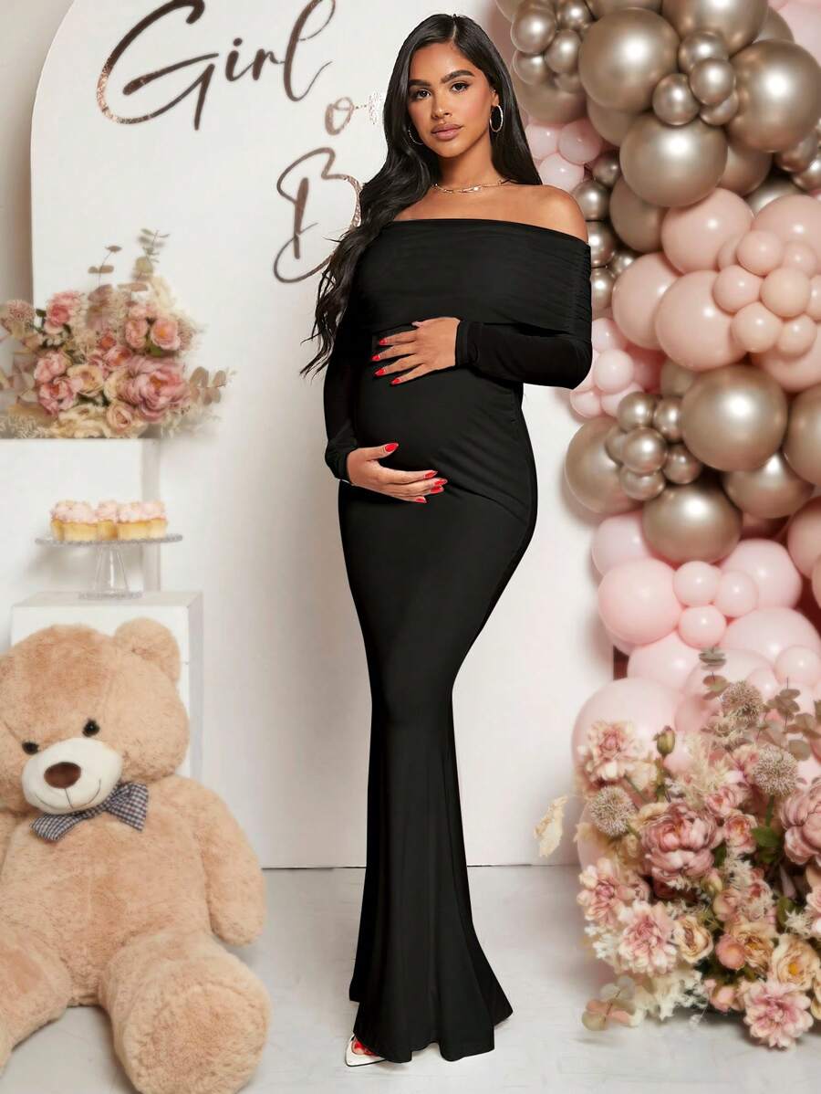 Pregnant Women Off-Shoulder Fishtail Baby Shower Long Sleeve Dress For Maternity