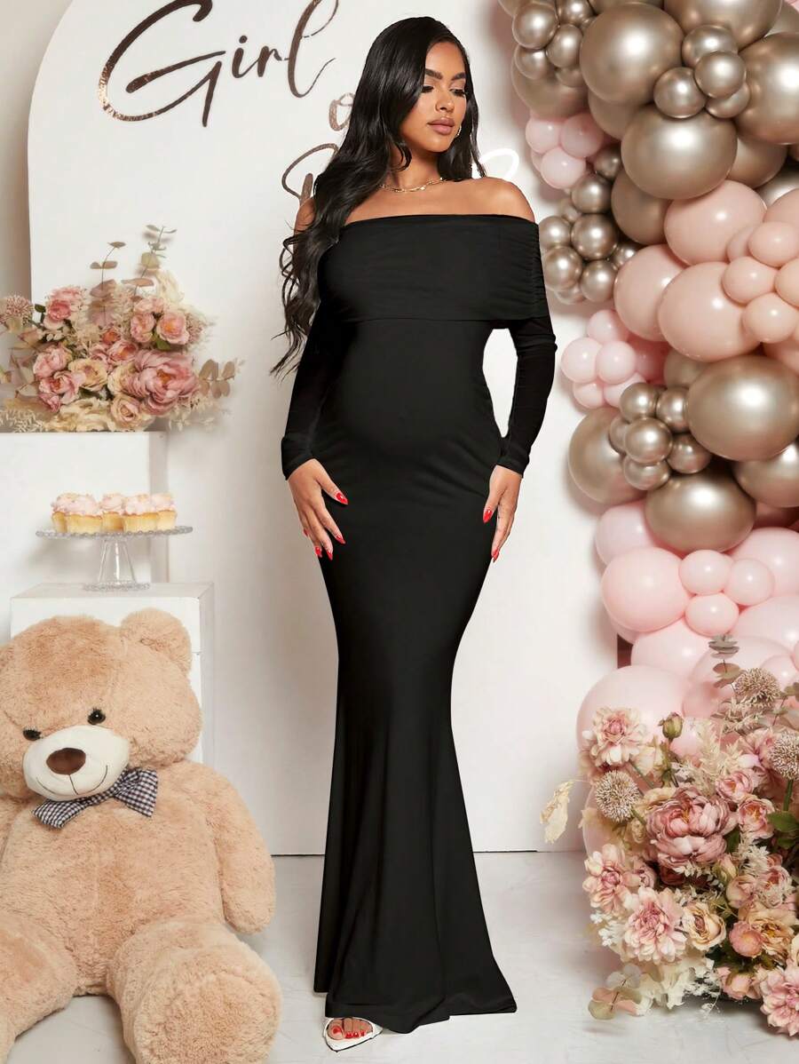 Pregnant Women Off-Shoulder Fishtail Baby Shower Long Sleeve Dress For Maternity