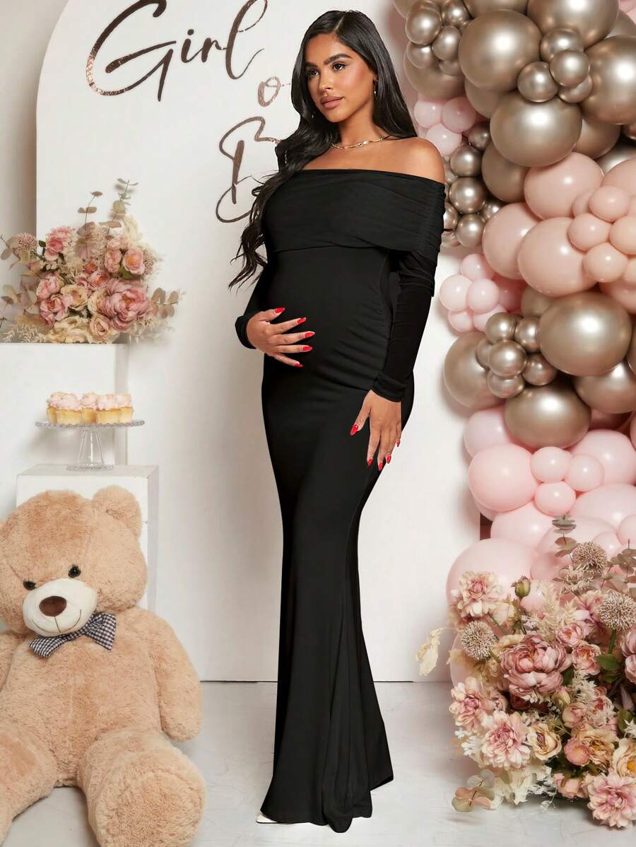 Maternity Off Shoulder Ruched Hem Dress Solid Color Slim Fit Pregnancy Gown for Baby Shower Gender Reveal Party Wedding Guest Summer