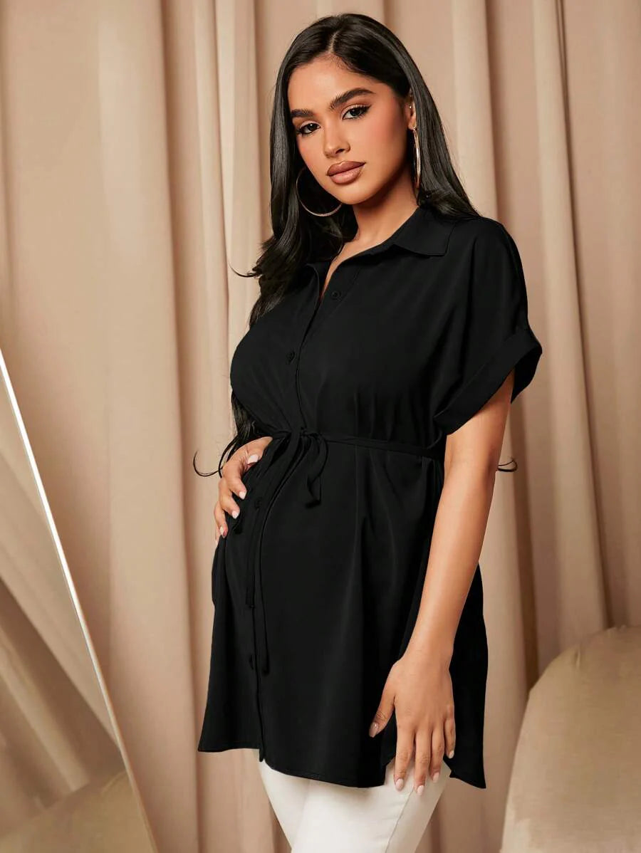 Maternity Batwing Sleeve Belted Shirt - Asymmetrical Button Down Maternity Blouse for Daily Office Wear